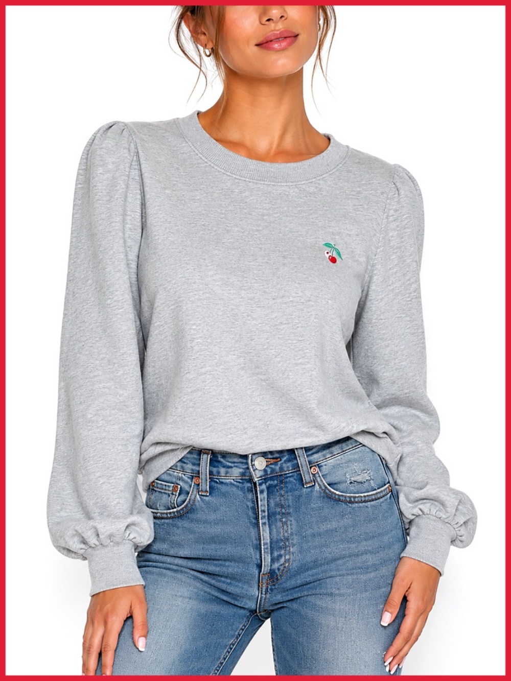 Joie Gray Cherry Embroidered Pullover Sweater Top - Picture 1 of 13
